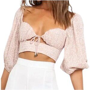 Petal + Pup Crop Top Beige Floral Tie Front S